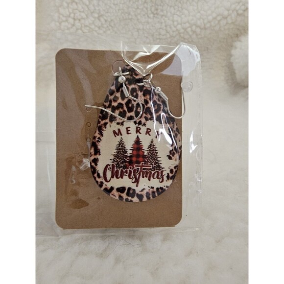 Wood Print Merry Christmas Trees Leopard Snowman Santa Claus Earrings 9 Pair - Picture 4 of 9